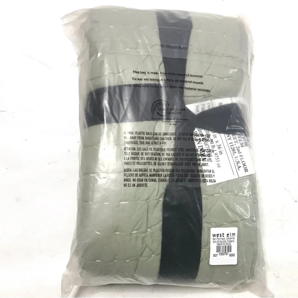 West Elm Solid Voile Quilted Sham King 36 x 20” Green New